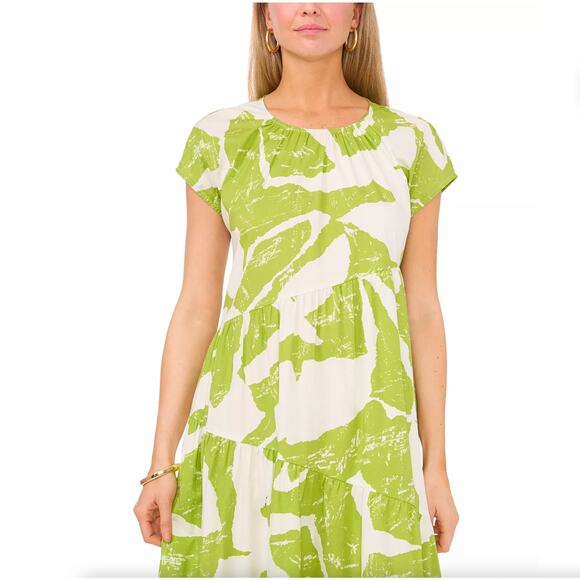 1. STATE Tiered Cotton Poplin Maxi Dress Green White Abstract Leaf Sz S {P34} - Picture 3 of 8
